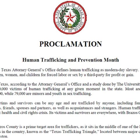 Human trafficking awareness and prevention month proclamation is presented by Brazos County commissioners