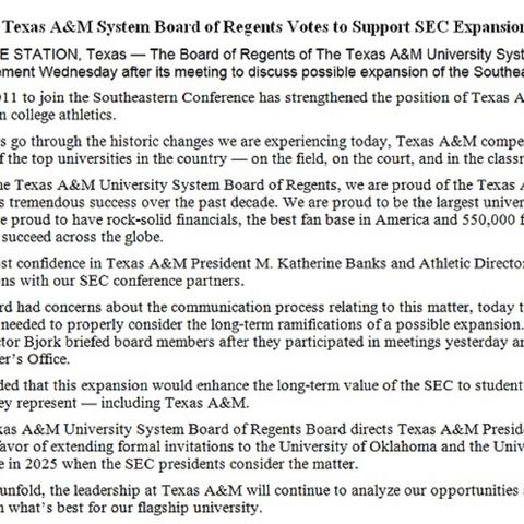 Texas A&M system board of regents votes 8-1 to direct A&M's president to vote for allowing Texas and Oklahoma into the SEC