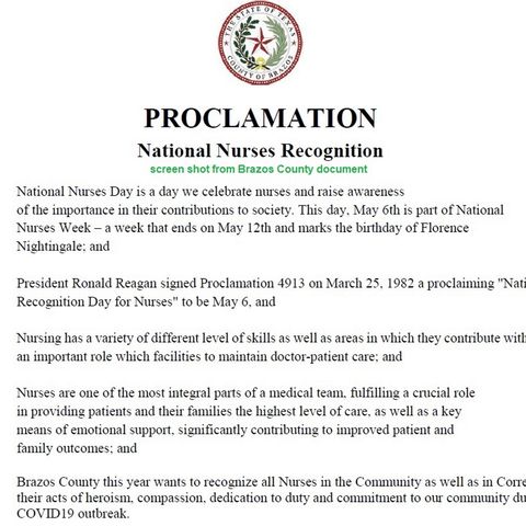 Brazos County's national nurses week proclamation includes personal thanks
