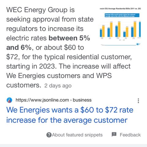 WEC Energy Group is seeking approval from state regulators to increase its electric rates between 5% and 6%, or about $60 to $72