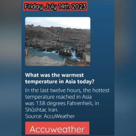 138° in Iran 7-14-23. Everglades Water temp 98°F. Extreme Heat Warning-Arctic Environmental Canada