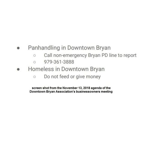 Responses to the Bryan city council hearing from someone opposed to banning homeless persons from asking for money in downtown Bryan
