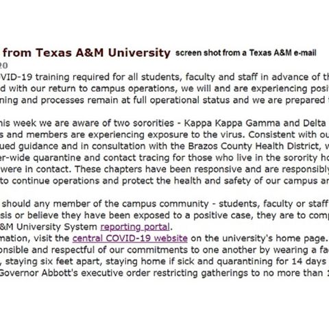 Two Texas A&M sororities are in quarantine after positive coronavirus tests