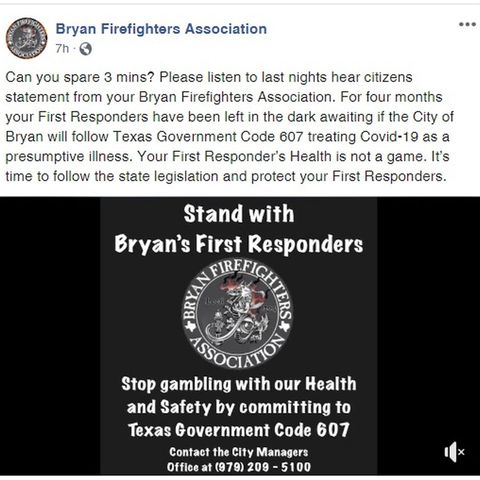 Bryan firefighters association wants city council action on coronavirus workplace exposure