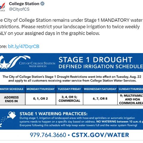 City of College Station reminds water customers about water restrictions after three straight days of record consumption
