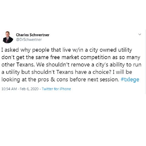 Texas senator Charles Schwertner comments about bringing competition to city owned electric companies and cooperatives