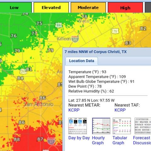 34°C/93°F W.B.G.T for Texas & Mexico Heatwave Wednesday 5/8/24 and Thursday. 46°C /115°F