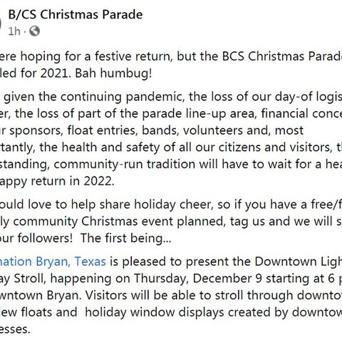 94th B/CS Christmas Parade is cancelled again