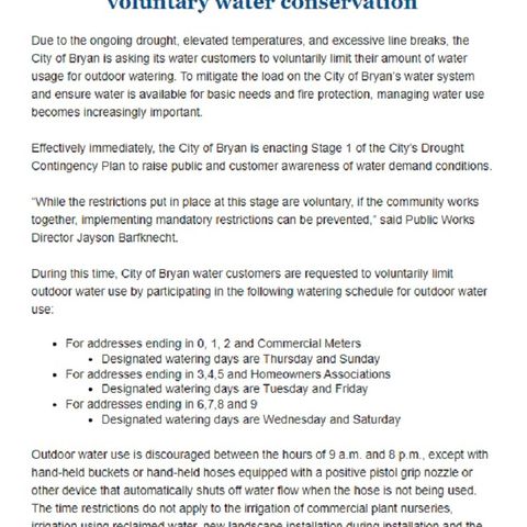 City of Bryan issues stage one water conservation notice