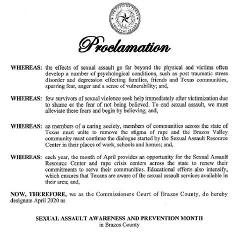 Brazos County proclamation for Sexual Assault Awareness and Prevention Month