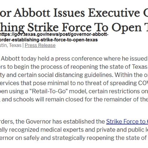 Governor Abbott issues three executive orders towards "Opening Texas"