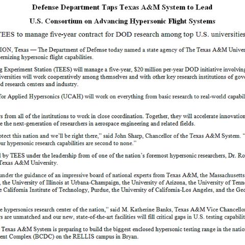 Texas A&M system chancellor remarks about hypersonic flight research and a TEES contract with the defense department.