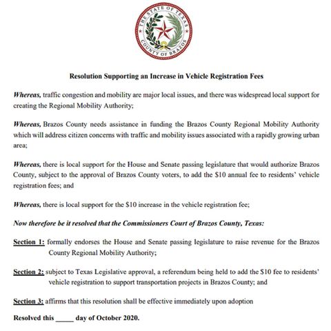Brazos County commissioners asking state lawmakers again to allow a local vote to raise vehicle registration fees to fund the new RMA