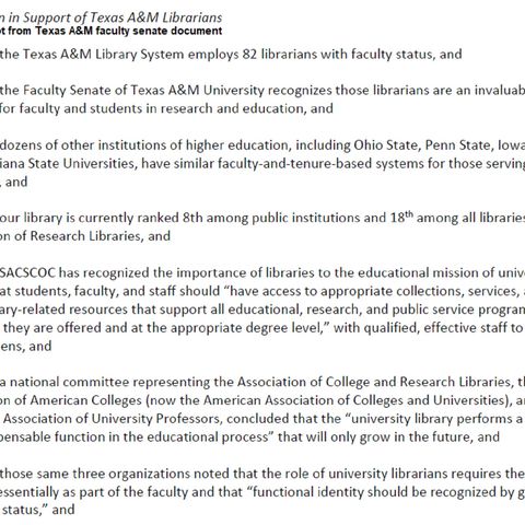 Texas A&M faculty senate passes a resolution opposing the reorganization of  82 faculty librarians