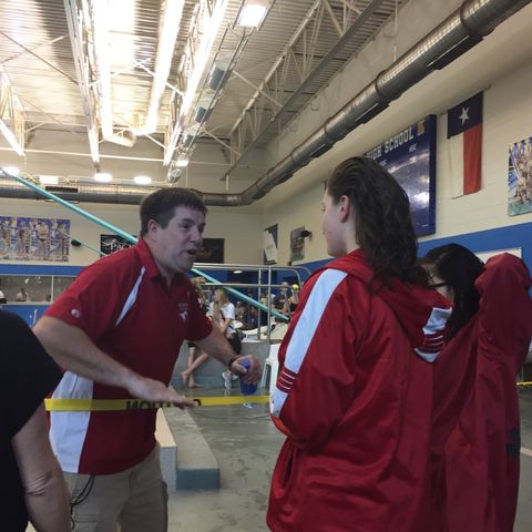 Memorial Swim Coach Jason Mauss after District Swim Meet