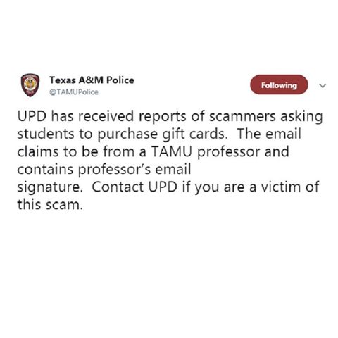 Texas A&M police warns of an e-mail scam involving students and professors