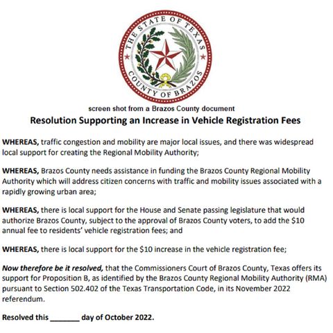 Brazos County commissioners approve a resolution supporting a referendum question to increase vehicle registration fees by $10