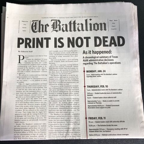 Texas A&M student body president faculty senate speaker criticize president's decision to end the print edition of The Battalion newspaper