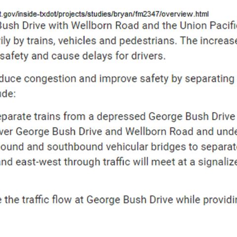Texas Transportation Commission Commits money for the first time to a future interchange at Wellborn Road and George Bush Drive