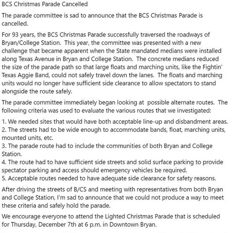 Cancellation of the 93rd Bryan/College Station Christmas parade