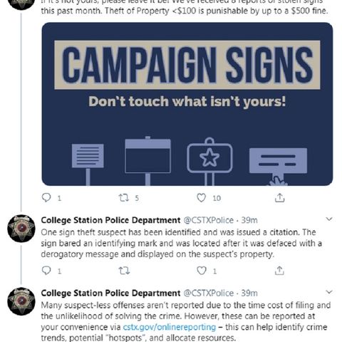 College Station police asks for public assistance in the theft of campaign signs