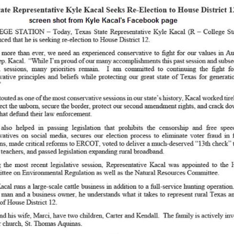 State representative Kyle Kacal of College Station comments on redistricting and running for re-election