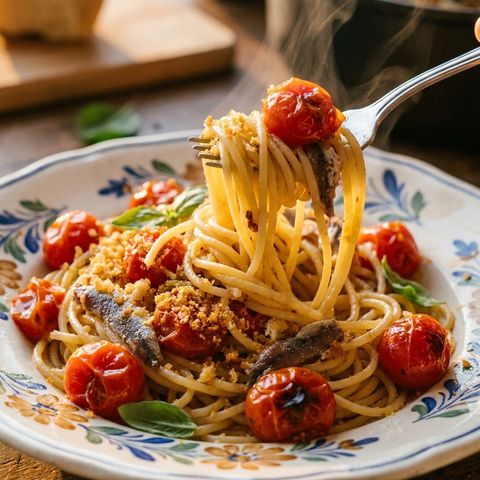 Spaghetti con pomodorini scoppiati, acciughe e pangrattato croccante