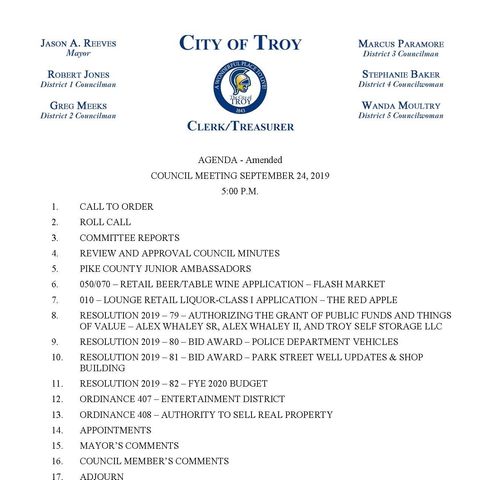 Troy, Alabama City Council - September 24th, 2019