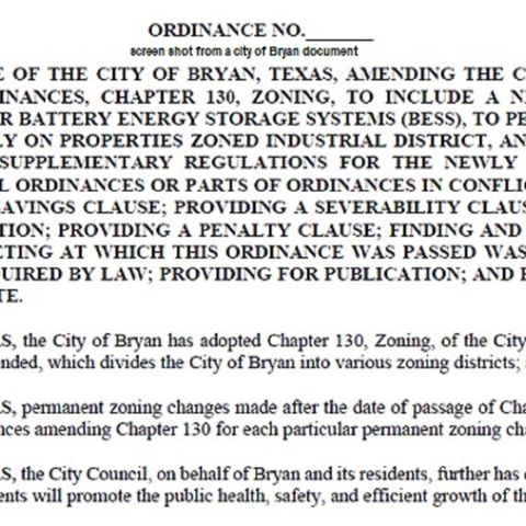 The Bryan city council adds to the city's zoning regulations, where battery energy storage systems can be located