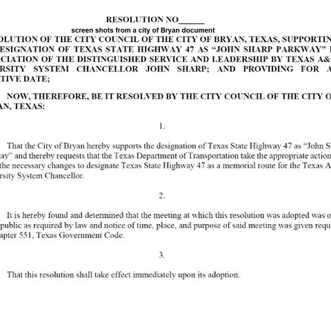 Bryan city council approves the mayor's request to rename Highway 47 for Texas A&M system chancellor John Sharp