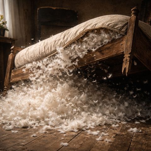 Feather bed bursts open