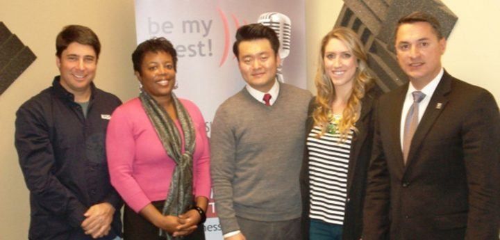 OPEN FOR BUSINESS: Jeff Kim with TRACS Group, Jai Rogers with Delta Community Credit Union, Rachel Fasig with Suwanee Magazine, and Vince De