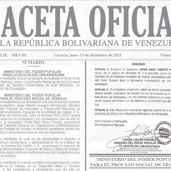 Sumario de la Gaceta Oficial de Venezuela 13-12-2021 numero 42275