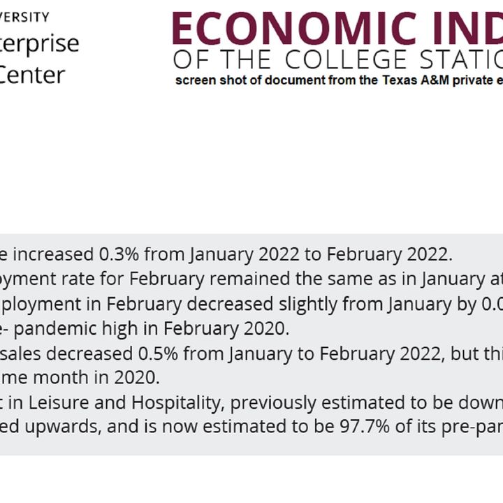 Texas A&M's Private Enterprise Research Center's B/CS business cycle index shows comeback from the pandemic