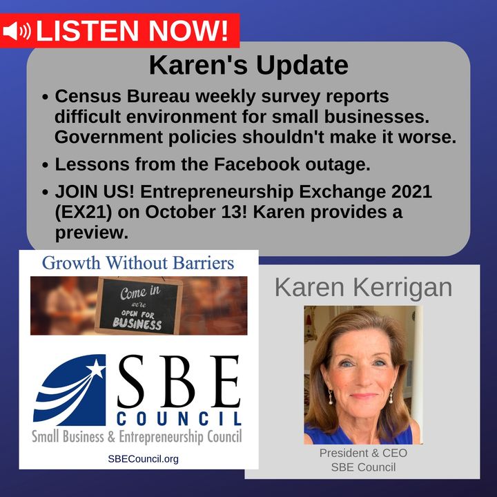 Census Bureau weekly data shows tough times for small biz; Facebook outage lessons; virtual Entrepreneurship Exchange on Weds Oct 13.