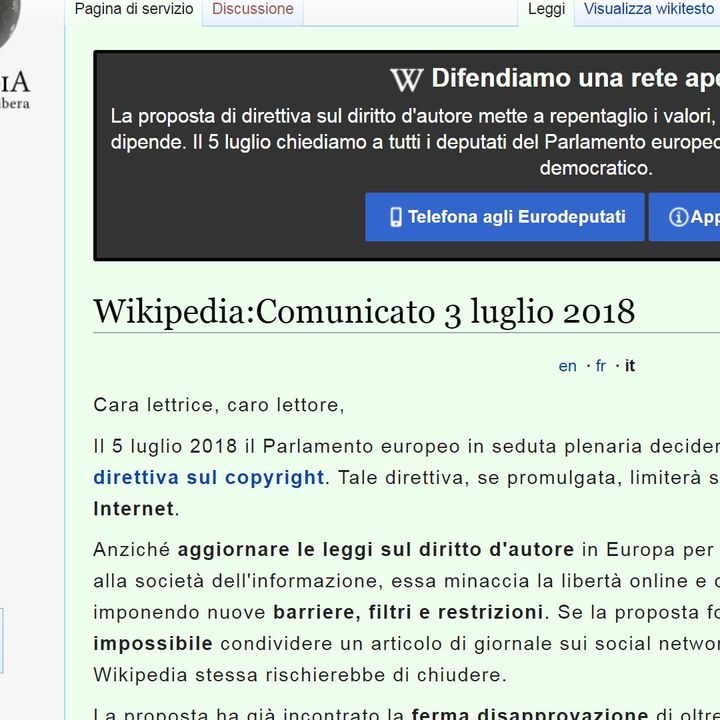 935 ALERT Wikipedia chiude per protesta contro la riforma europea del copyright